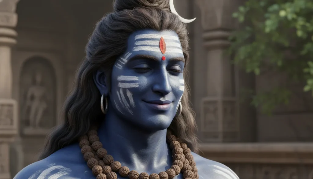 Bholenath Photo - Lord Shiva innocent smiling face with ash on forehead, rudraksha necklace, peaceful expression
