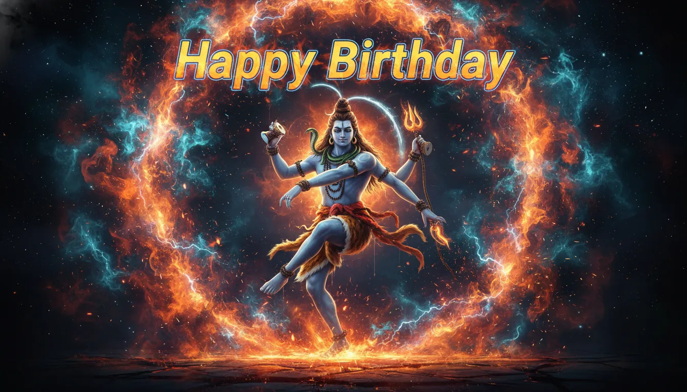 Lord Shiva performing Tandava with powerful birthday text