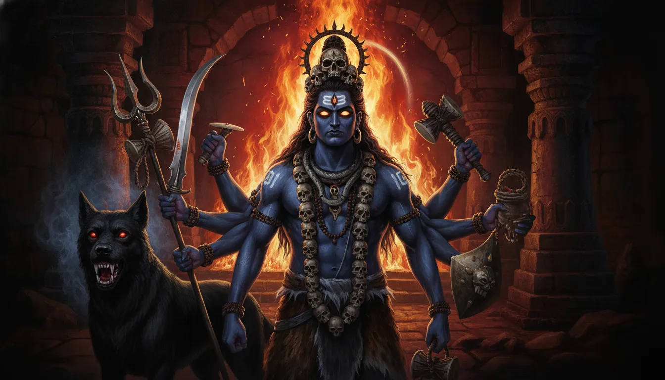 A detailed and intense close-up of Lord Shiva in his fierce Bhairava form, with dark blue skin and a skull garland. Powerful spiritual DP.