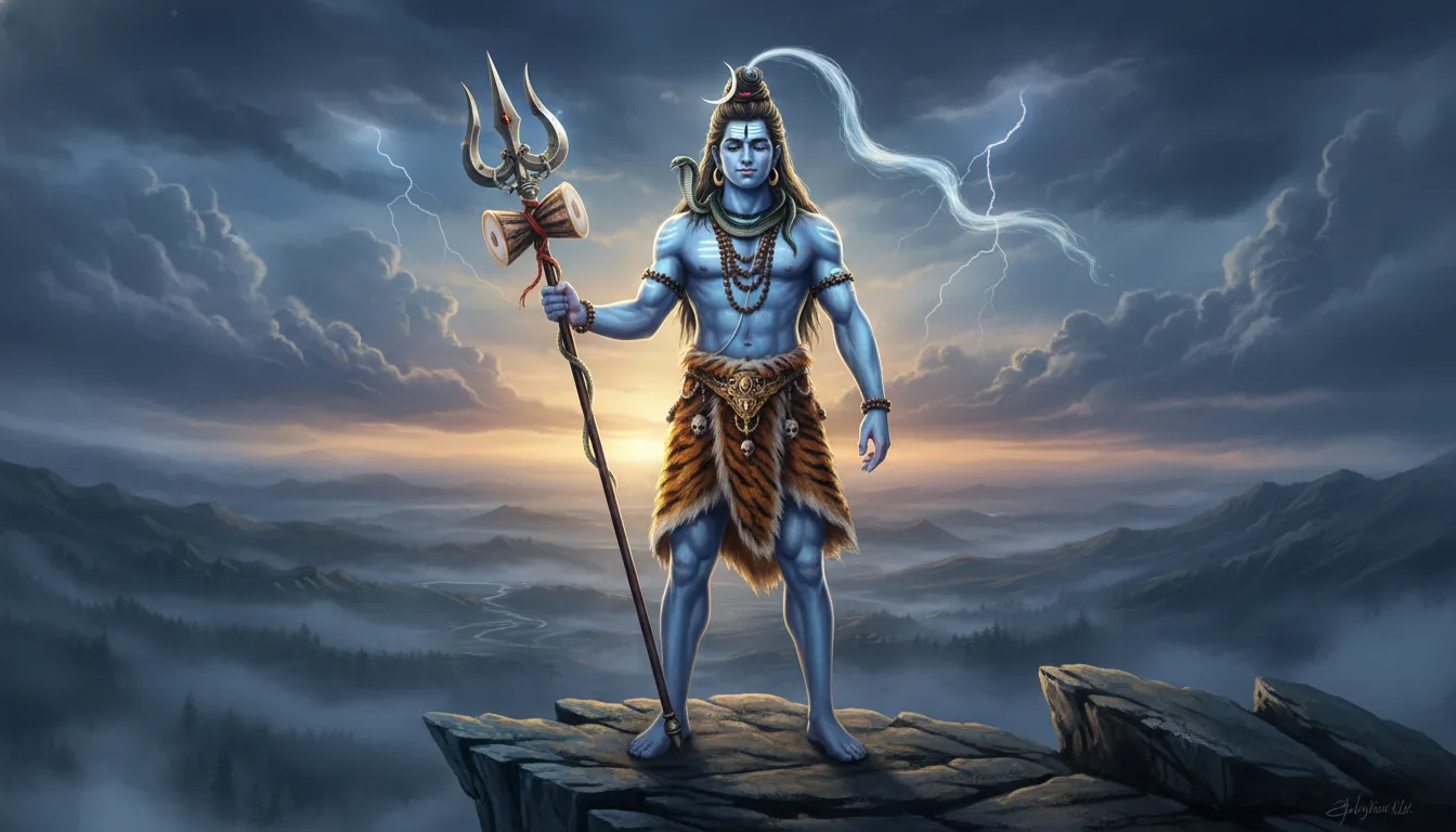 A powerful image of Lord Shiva standing tall on a cliff, holding his Trishul (trident) with a crescent moon in his hair.