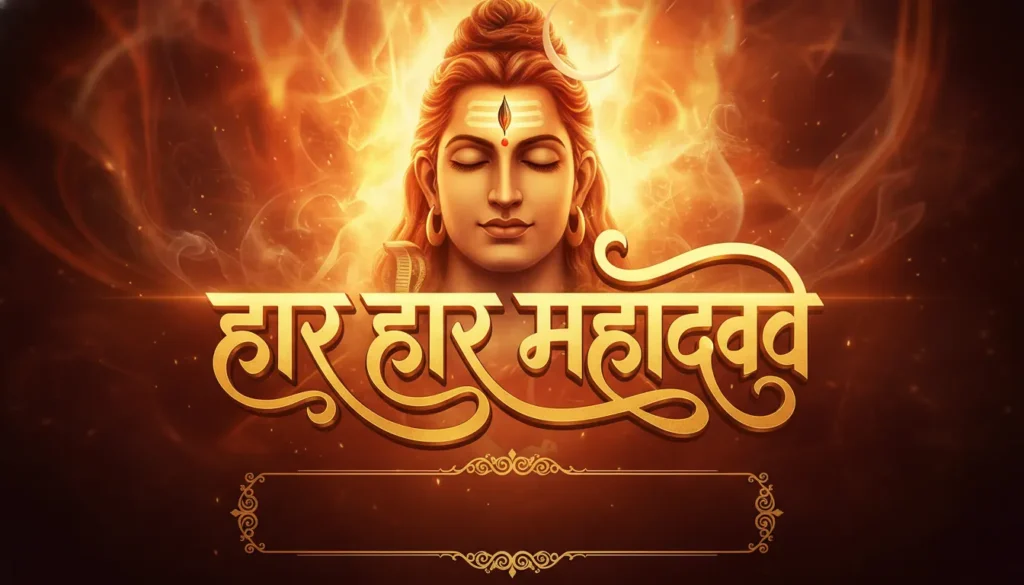 Har Har Mahadev Photo - Golden Hindi calligraphy text with Lord Shiva face background, devotional poster