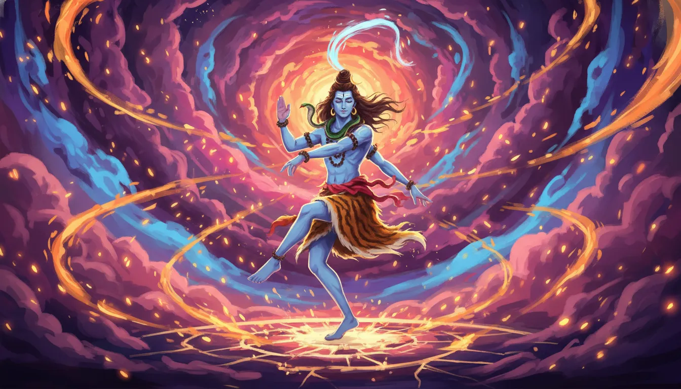 Lord Shiva doing Tandava dance in a colorful animated cosmic background.