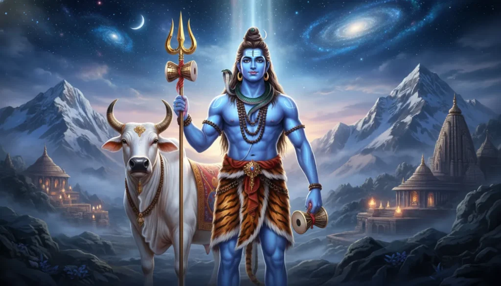 Lord Shiva Images - Powerful standing pose with trishul and damru, Nandi bull behind, majestic divine look