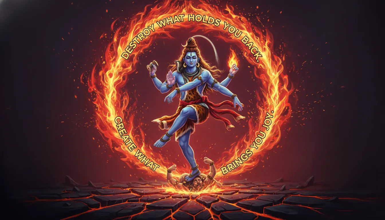 A dynamic illustration of Lord Shiva as Nataraja, performing the cosmic dance of destruction and creation.