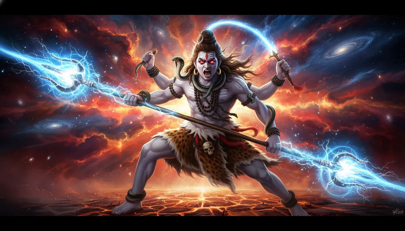 Fierce Lord Shiva in Rudra form holding a glowing Trishul, ultra HD 1080p resolution.