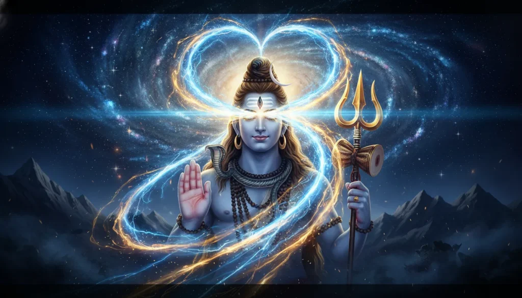 Mahadev 4K Wallpaper - Lord Shiva third eye opening with cosmic energy rays, blue and golden light, premium quality