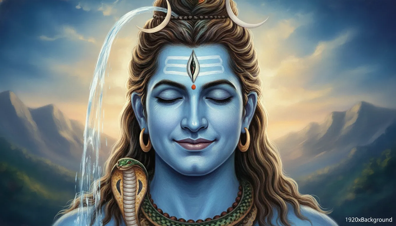 Detailed close-up portrait of Lord Shiva with the river Ganga flowing from his hair, 1080p.