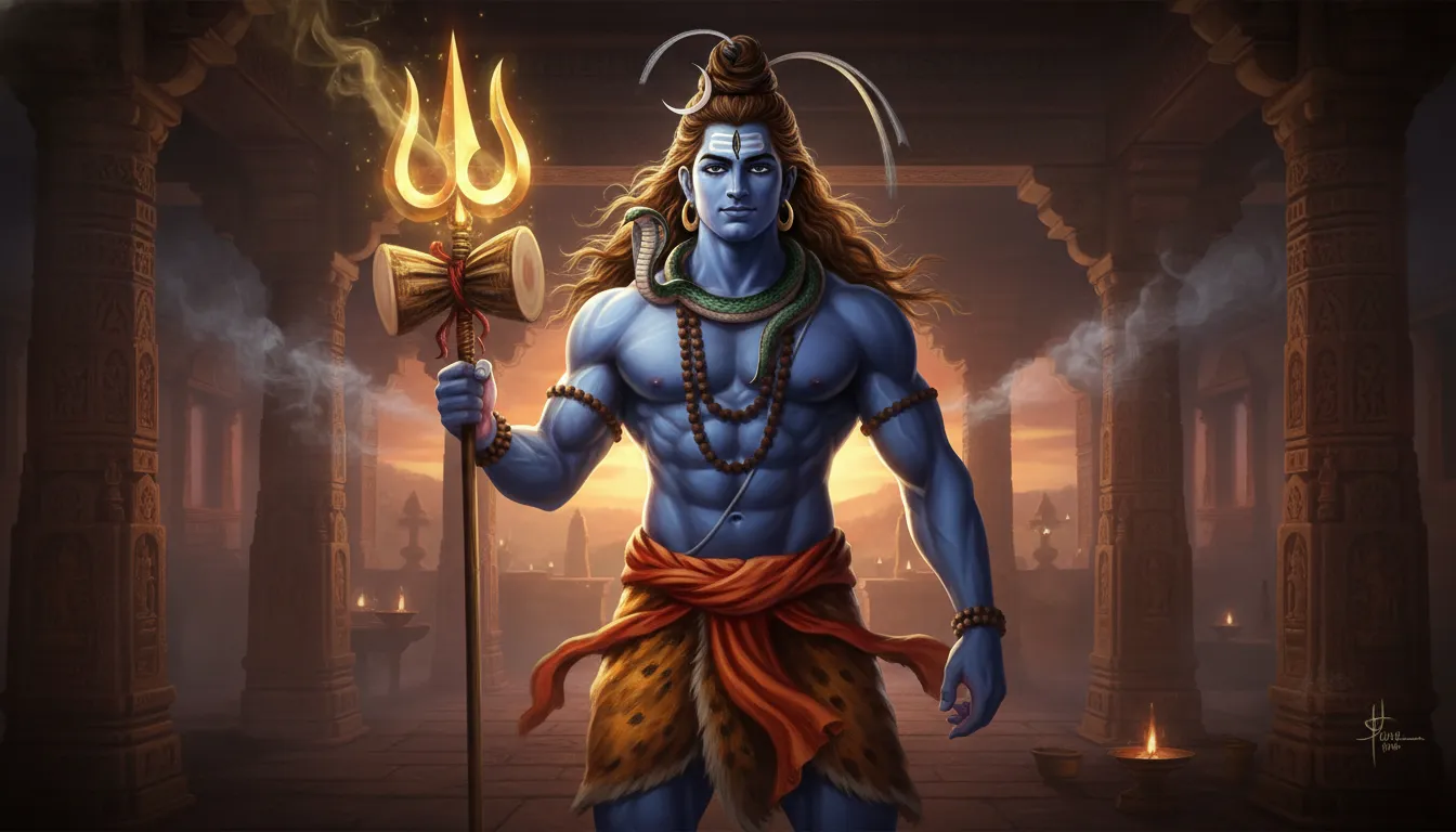 Majestic portrait of Lord Shiva in a blue tone, holding a powerfully glowing Trishul, standing in a sacred temple setting. High-resolution spiritual DP.