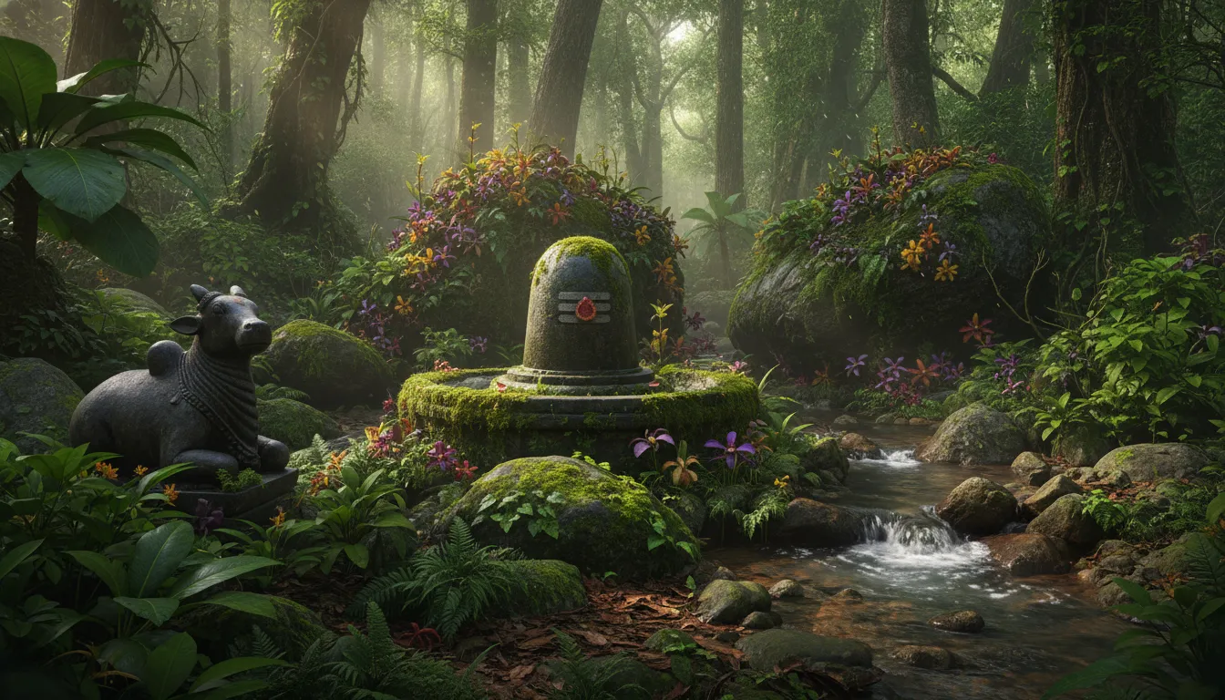 A natural stone Shiva Lingam and Nandi surrounded by lush green forest and flowers.