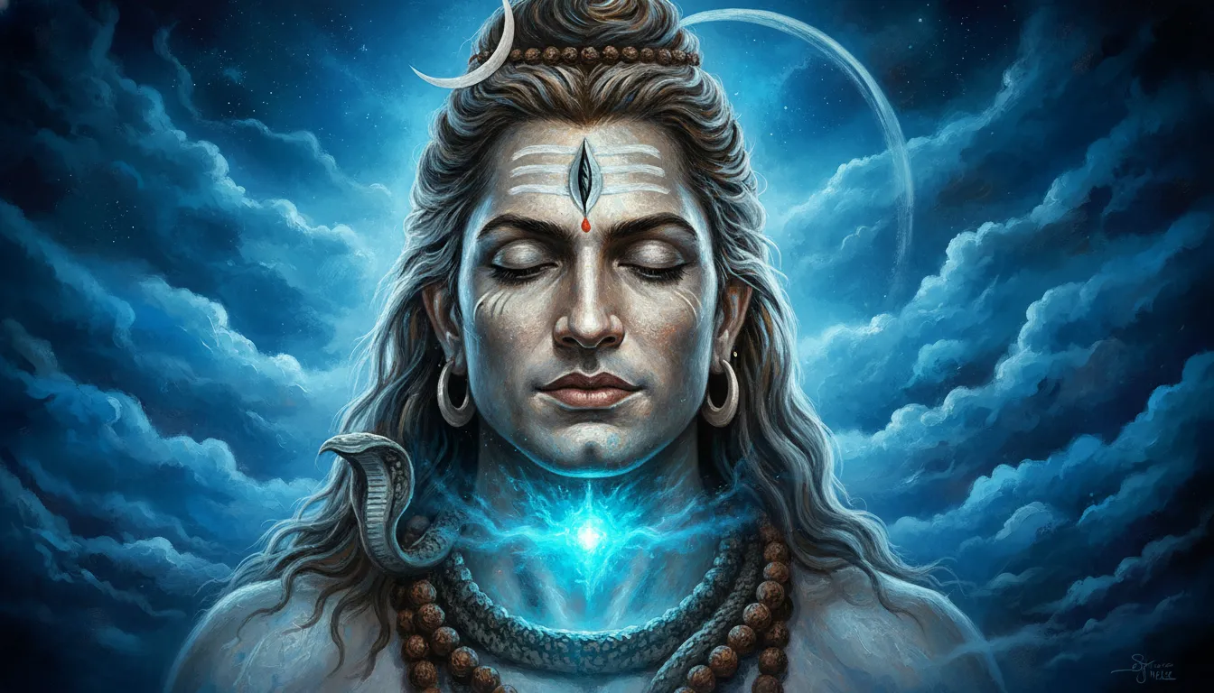 A powerful and focused image of Lord Shiva with a striking blue throat, after consuming the poison during Samudra Manthan.