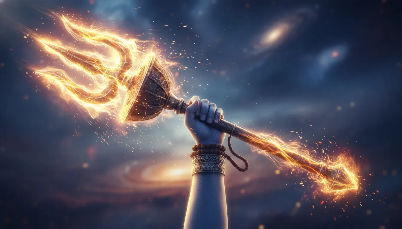 Animated hand holding Lord Shiva’s Trishul with glowing fire and sparks.