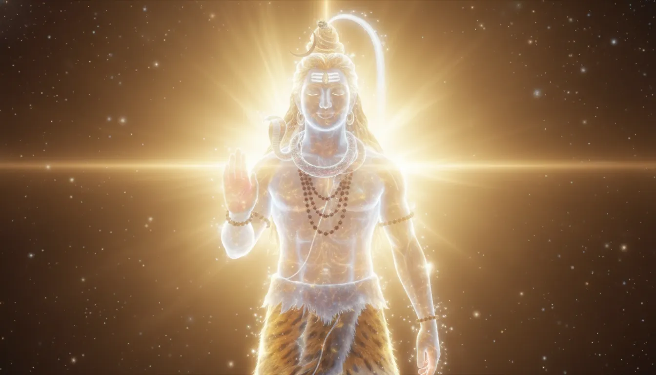 Lord Shiva surrounded by a golden aura and divine light, 1080p high definition spiritual wallpaper.