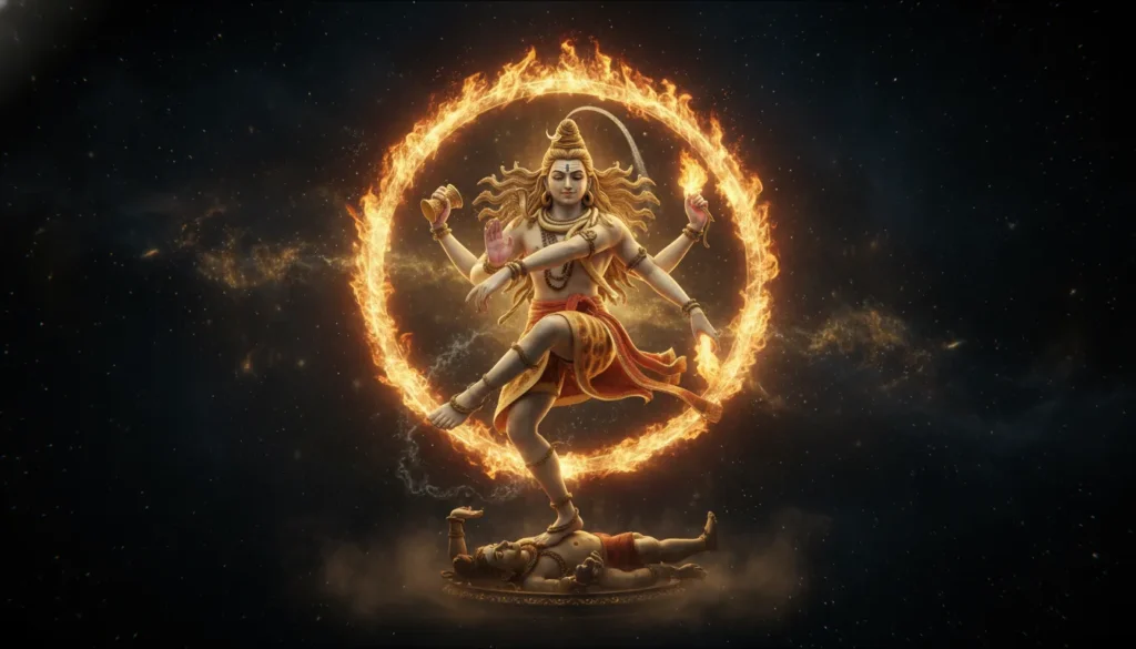 Shiva HD Wallpaper - Lord Shiva Nataraja cosmic dance in circle of fire, golden light, 4K ultra HD desktop background