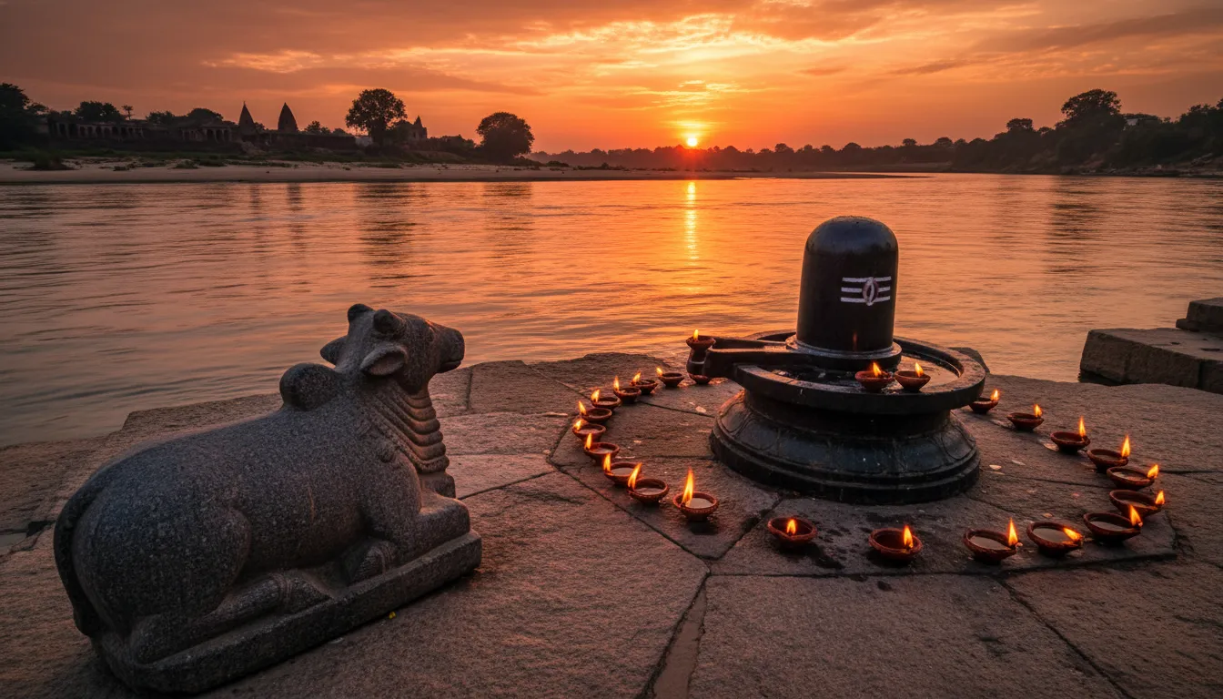 Golden hour photography of Shiva Lingam and Nandi by a holy river.