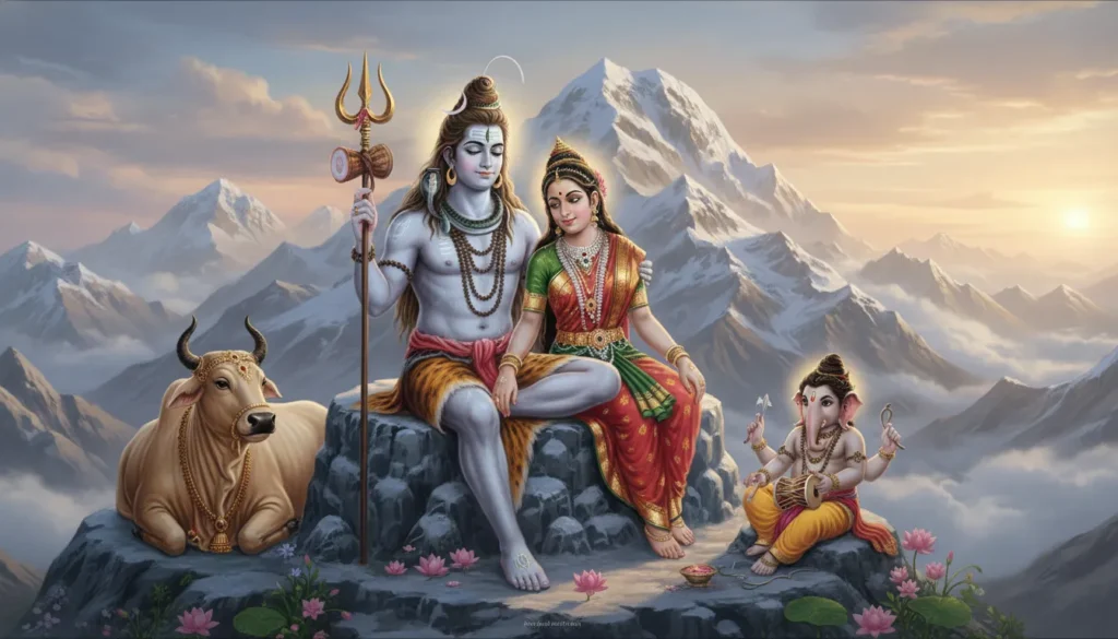 Shiva Parvati Images - Lord Shiva and Goddess Parvati sitting together on Mount Kailash, Nandi and Ganesh nearby