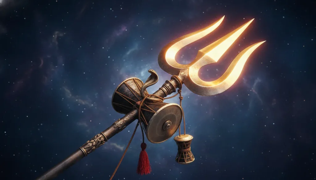 Shiva Trishul Image - Lord Shiva trishul with three sharp points, glowing golden light, damru hanging, powerful divine weapon