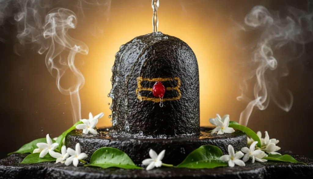Shivling Image - Holy Shivling with water pouring, belpatra leaves and white flowers, glowing golden light, devotional