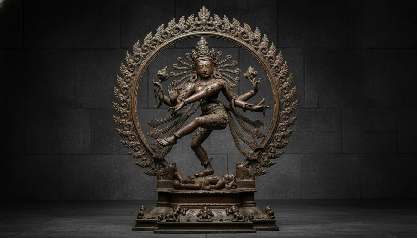 A bronze dancing deity statue standing within a detailed circular arch on a black background.