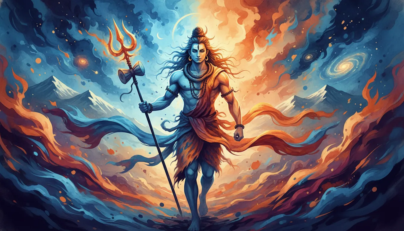 Lord Shiva stands in a colorful artistic pose holding a trident, with blue and orange paint-like effects in the background.