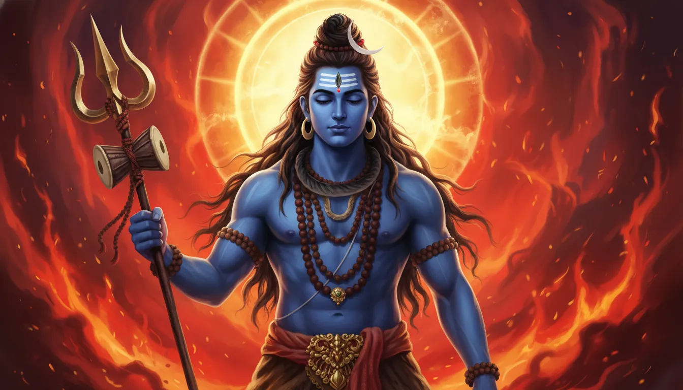 Blue-skinned Lord Shiva holding a trident with glowing background and sacred ornaments.