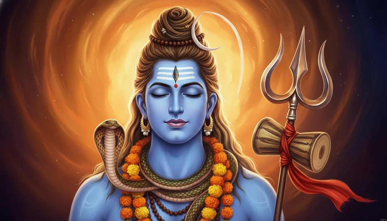 Blue-toned Lord Shiva portrait with closed eyes, crescent moon, serpent, beads, and trident