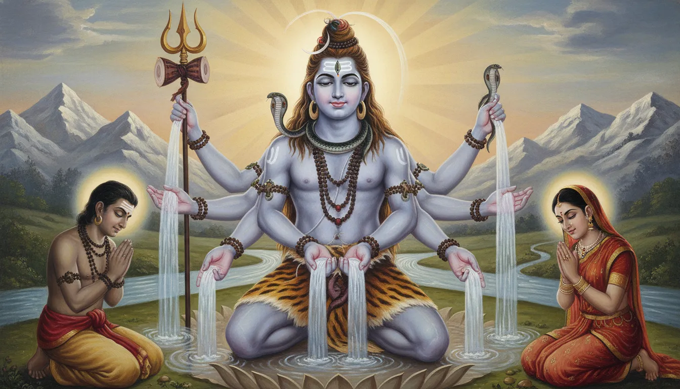 Illustration of Lord Shiva with multiple arms blessing two kneeling devotees while sacred water flows from his hands.