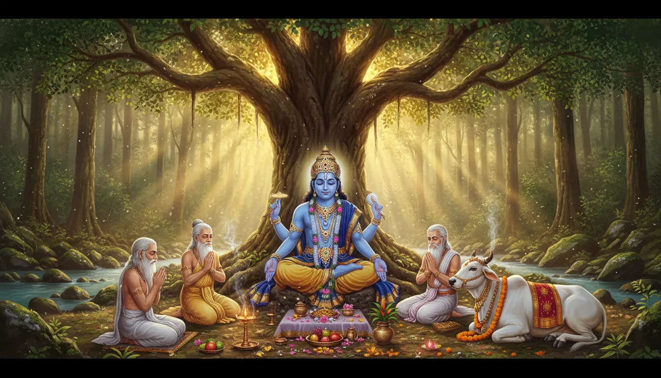 A blue-skinned Hindu deity seated under a large sacred tree, surrounded by sages, a white cow, and devotional symbols.