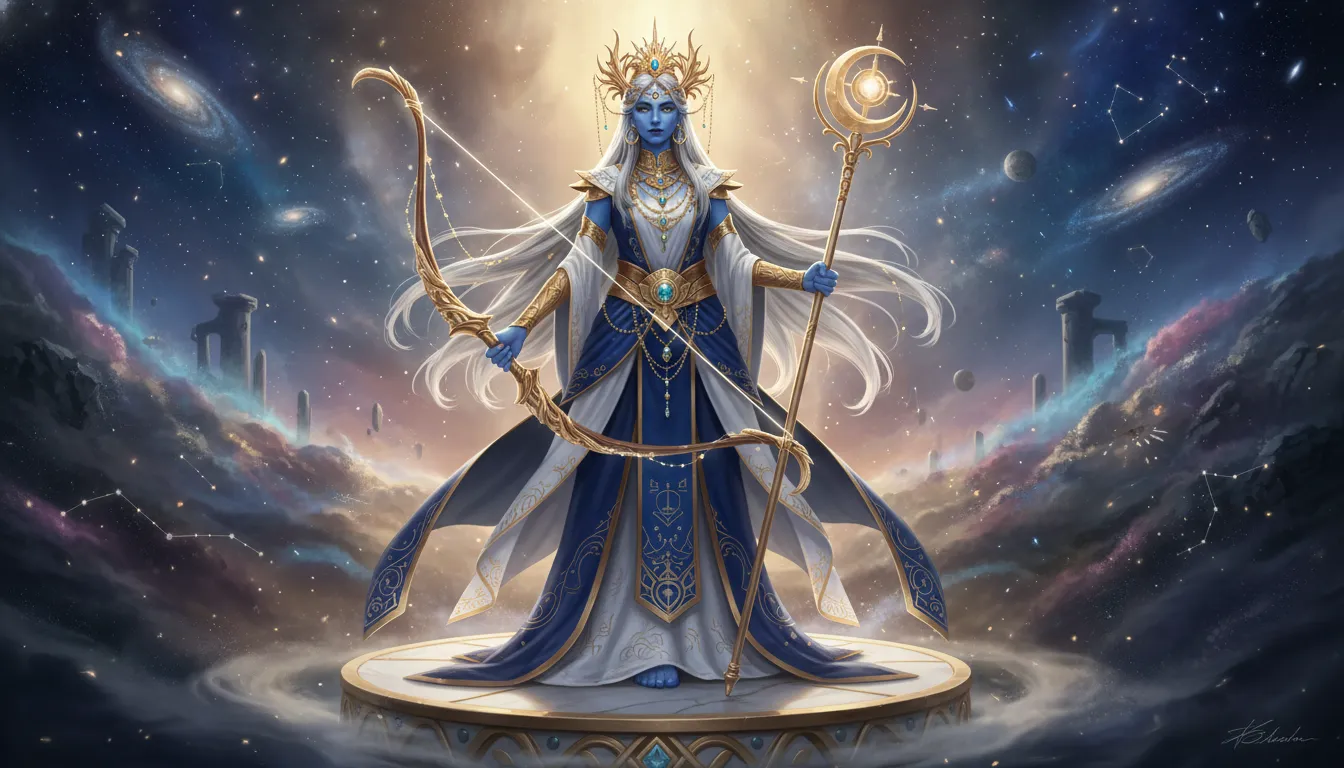 : Blue-colored divine figure holding a large golden bow and ceremonial staff.