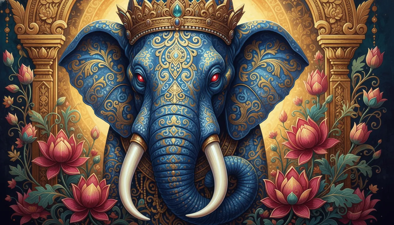 A blue elephant head decorated with golden ornaments, a royal crown, floral designs, and colorful flowers.