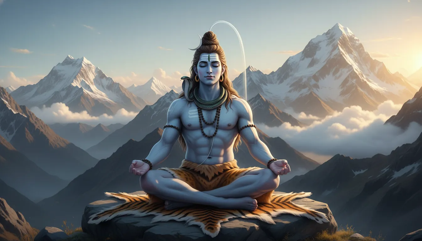 Lord Shiva with blue skin meditating in front of snow-covered mountain peaks.