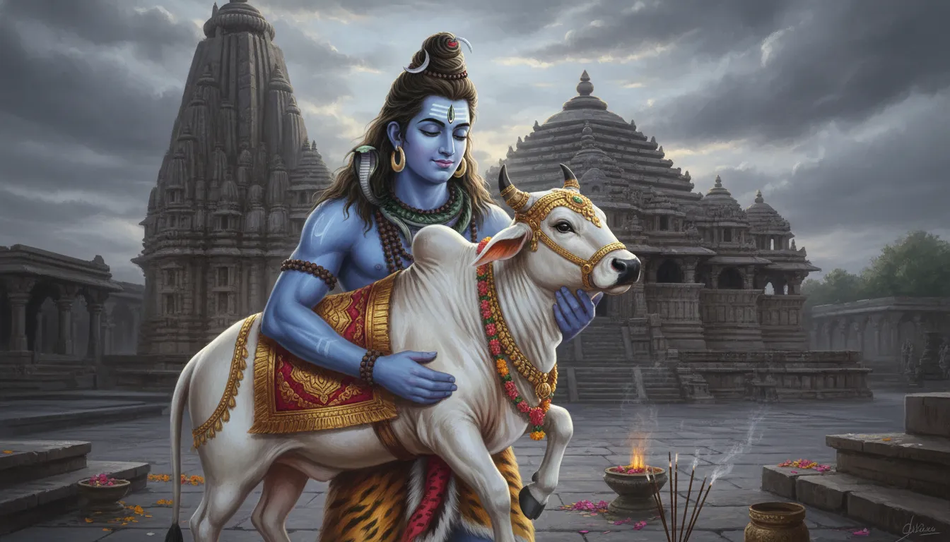 Blue Shiva hugging a decorated white sacred bull in front of a large temple at night