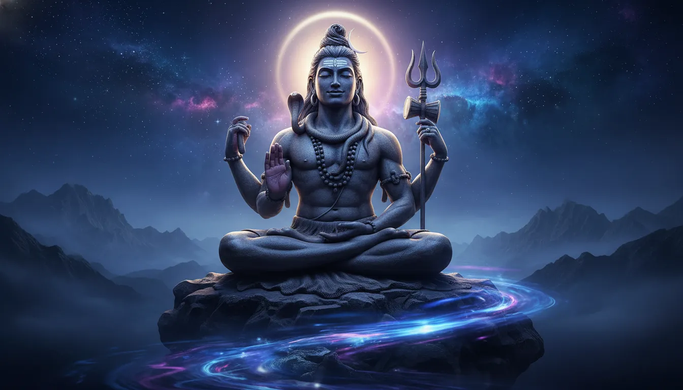 A blue-toned statue of Lord Shiva seated in meditation with glowing purple light above.