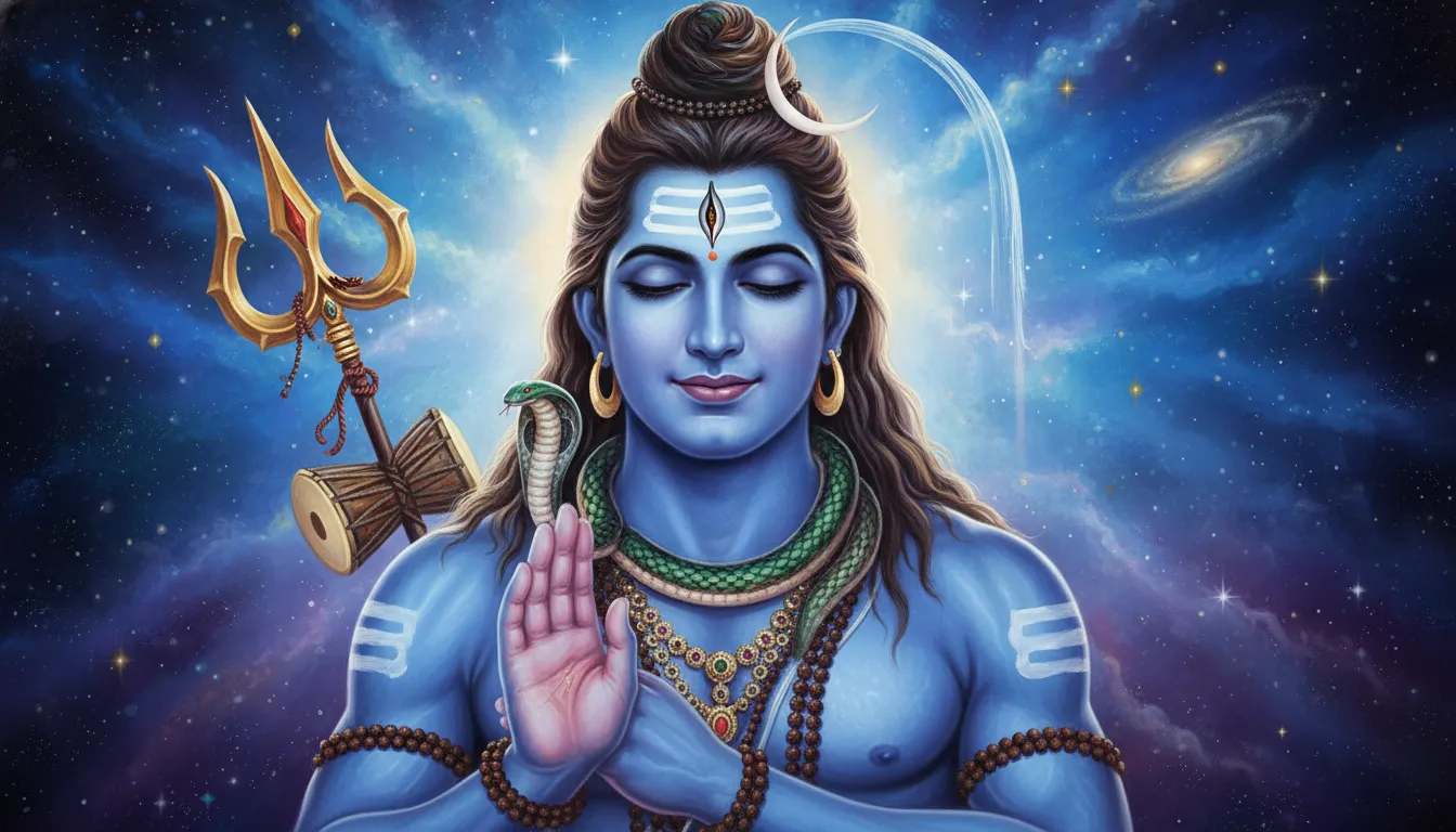 Close view of Lord Shiva with blue skin, third eye, and sacred ornaments