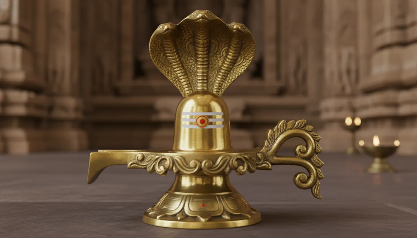 A detailed brass Shiva Lingam featuring a triple-headed cobra hood and intricate floral engravings on the base.