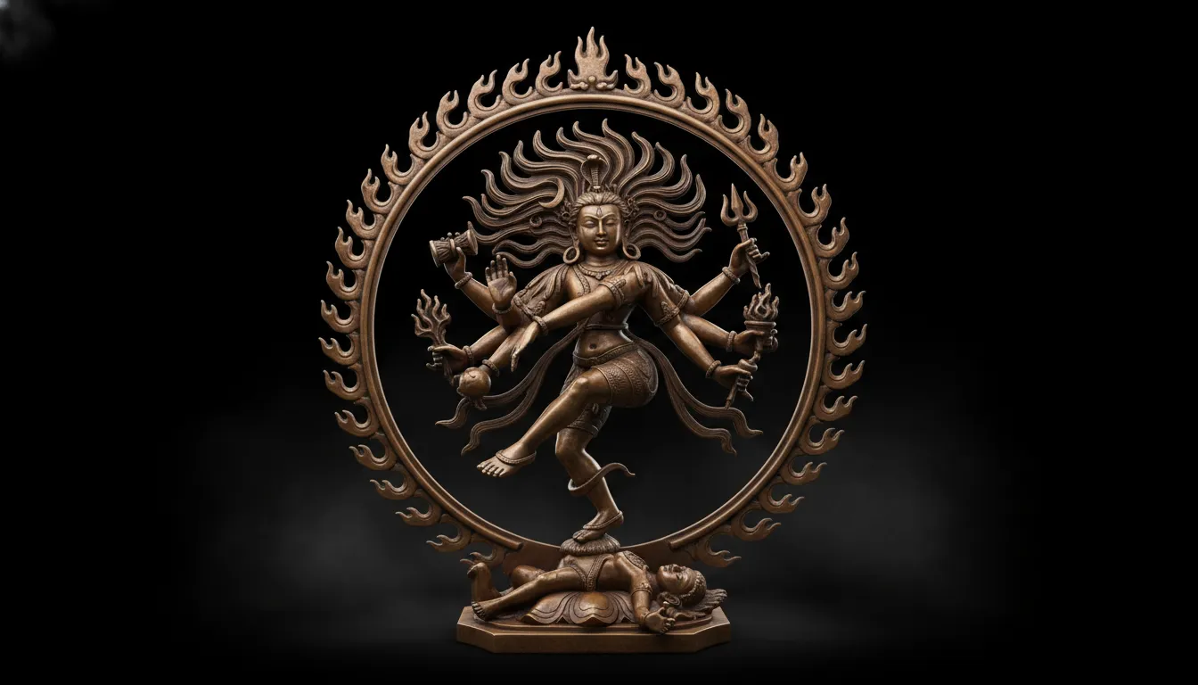 A bronze dancing divine figure posed inside a circular ring of flames against a dark background.