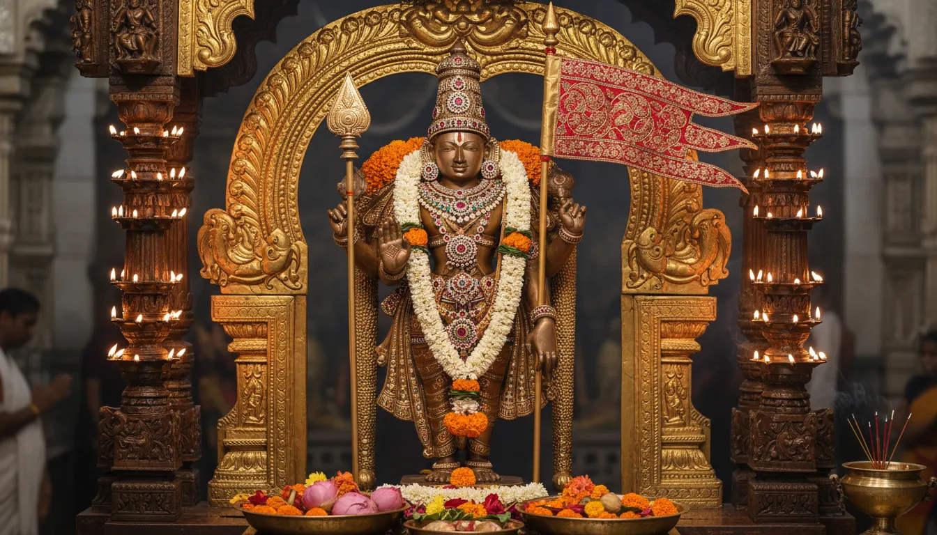 A bronze Hindu deity statue stands in an ornate temple shrine holding a spear and flag, surrounded by lamps and flowers.