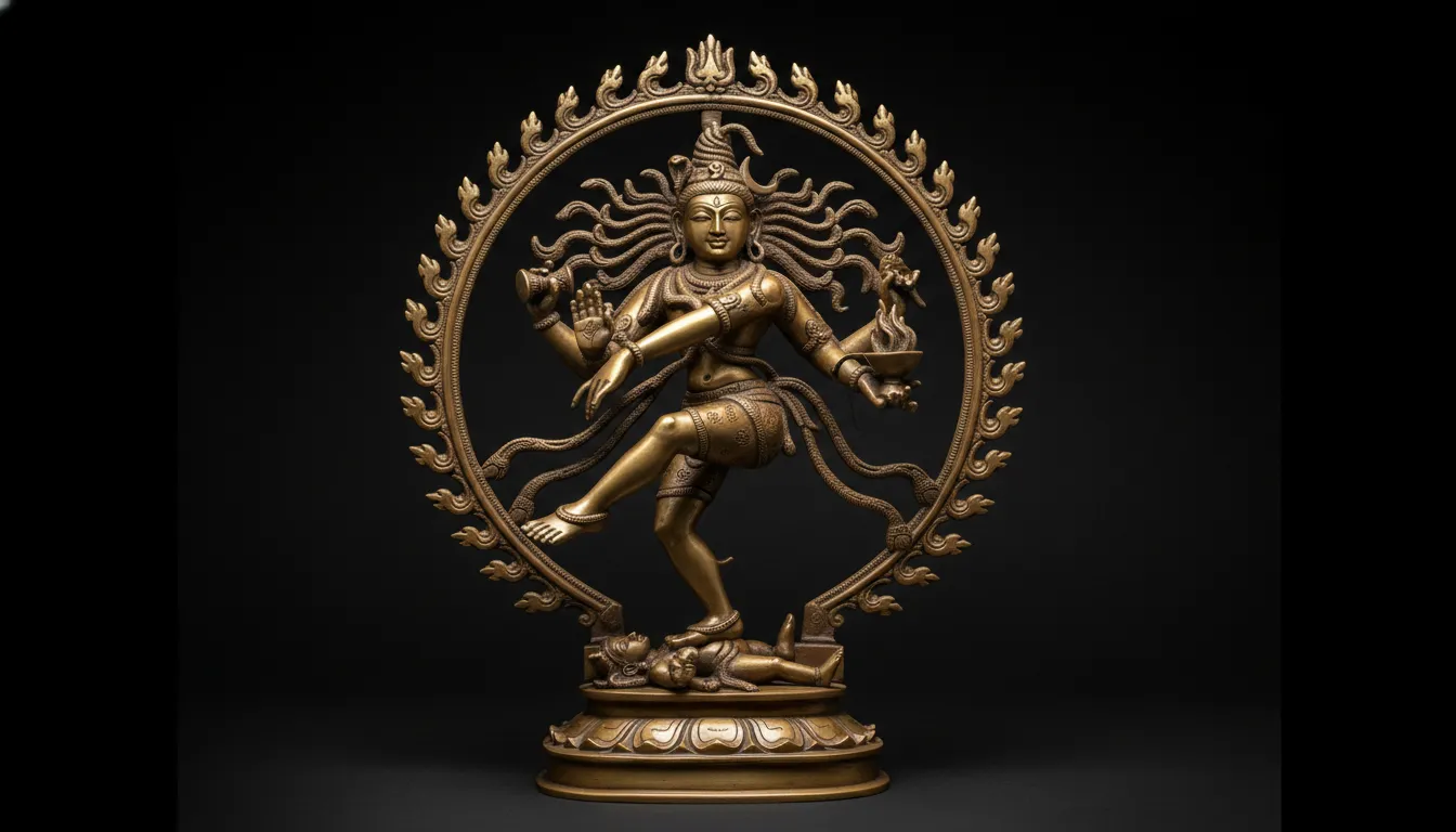 Bronze statue of Nataraja dancing within a circular ring of flames over a symbolic figure.