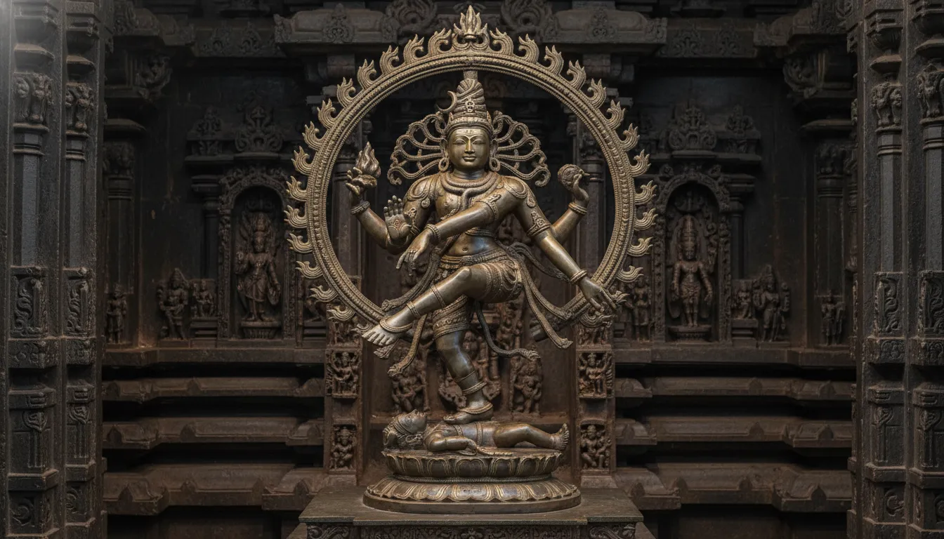 A dark bronze statue of Lord Shiva as Nataraja dancing inside a circular flame halo, placed on a temple pedestal.