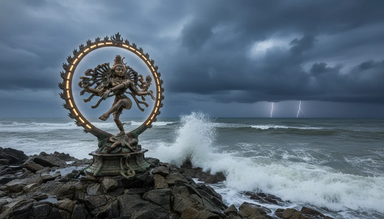 A bronze dancing Shiva statue standing on rocks beside the ocean with waves crashing under a cloudy sky.