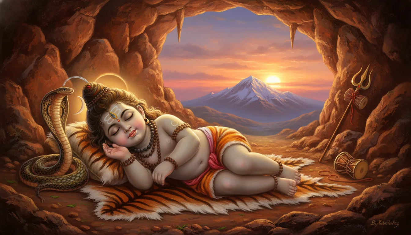 A young, cute depiction of Lord Shiva sleeping peacefully on a tiger skin.