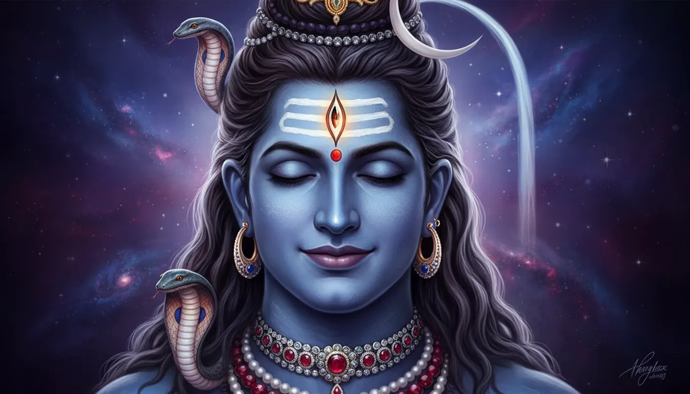 Detailed face of Lord Shiva with third eye, ornaments, and serene expression