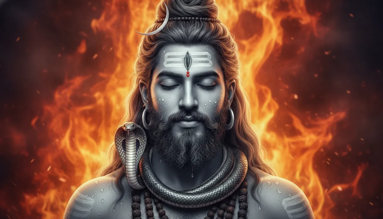 Lord Shiva portrait with a serpent around the neck, sacred beads, and a fiery background