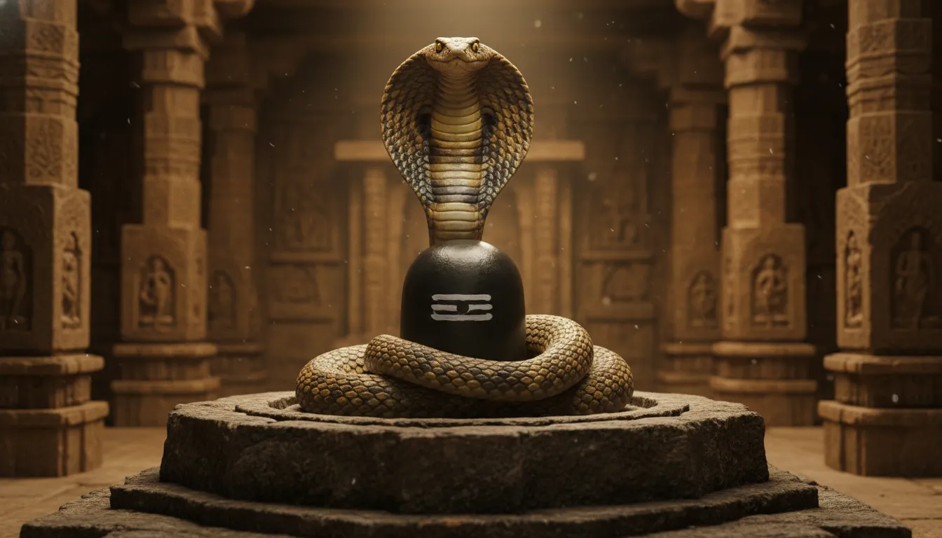 A cobra coiled protectively around a black Shiva Lingam in a dim temple setting.