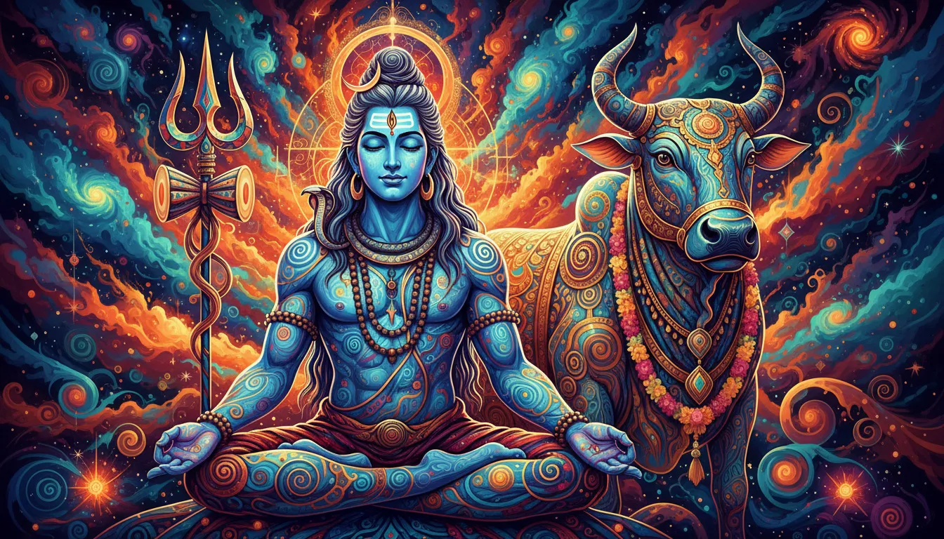 A vibrant and colorful psychedelic art style depiction of Lord Shiva sitting with a decorated white bull.