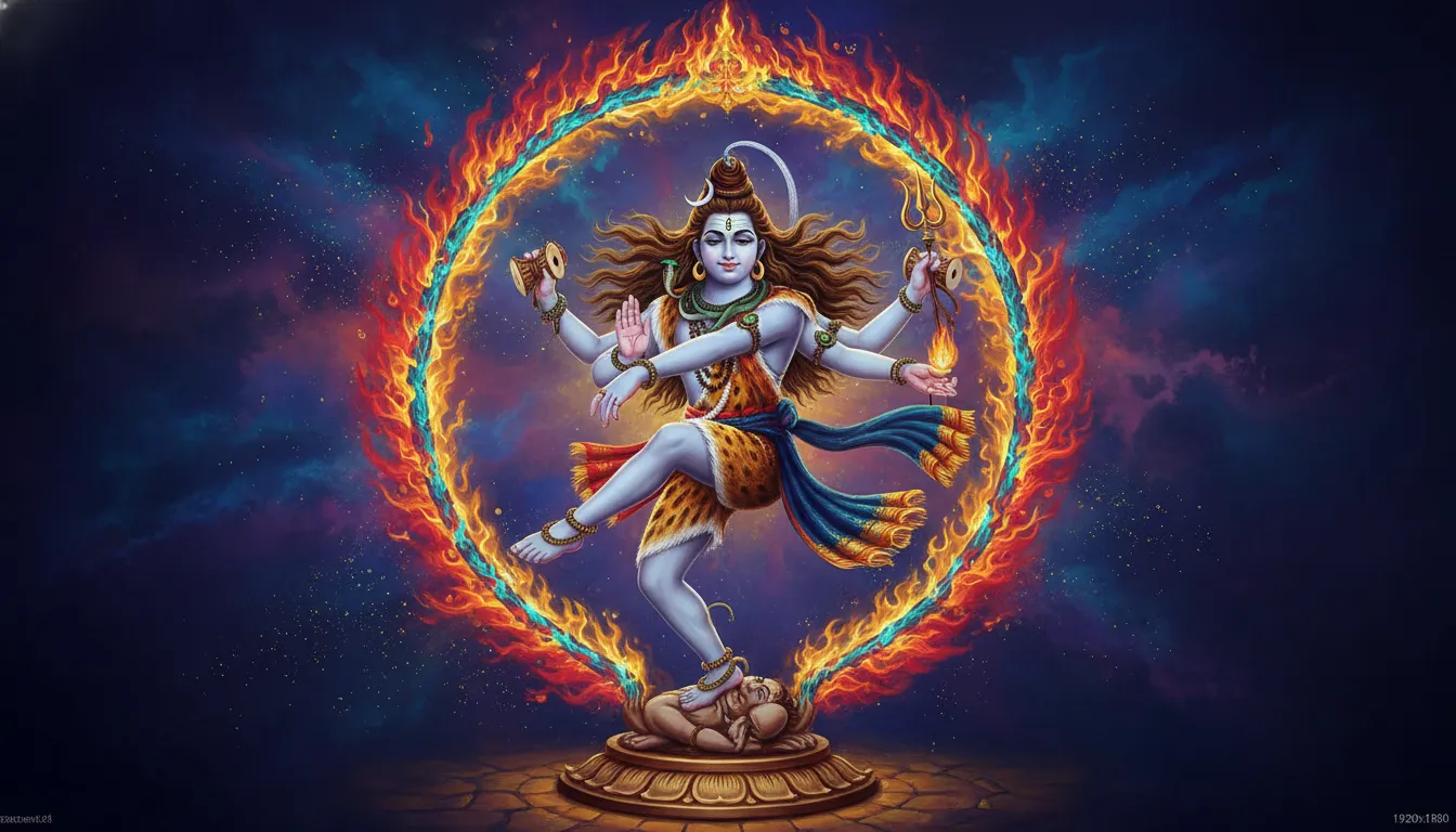 Lord Shiva is shown dancing in a colorful circular frame with flowing hair, ornaments, and a raised leg.