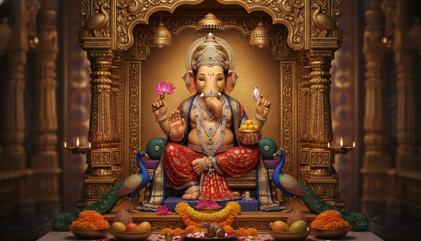 Lord Ganesha sits in an ornate temple frame holding symbolic objects and sweets, surrounded by flowers, lamps, peacocks, and a small mouse.