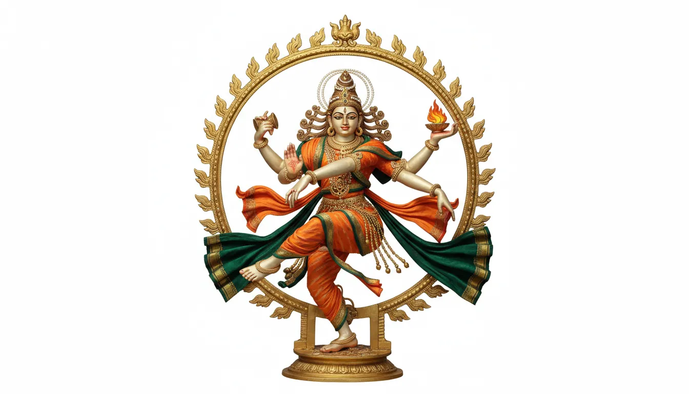 A colorful illustration of Nataraja dancing inside a golden circular frame with flowing garments and symbolic objects.