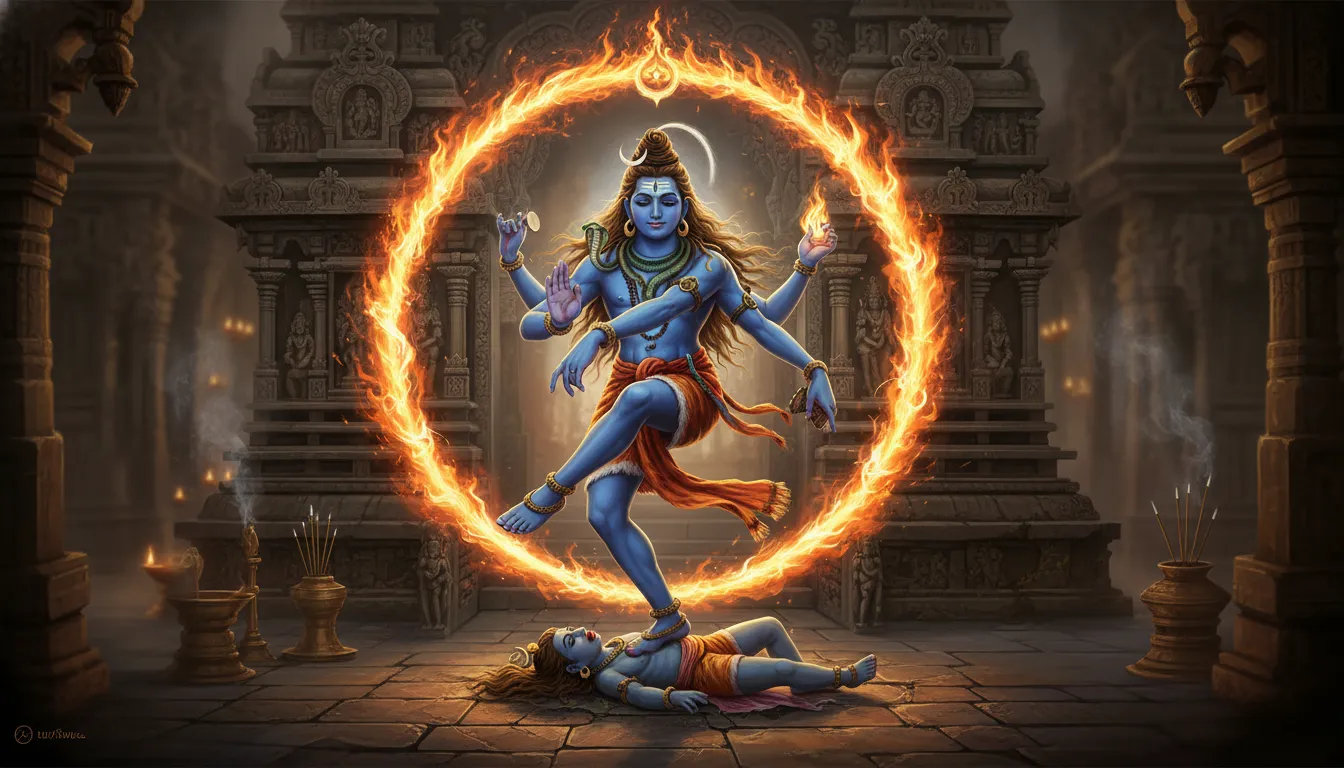 Lord Shiva performing the cosmic dance inside a glowing circular frame with flames surrounding him.