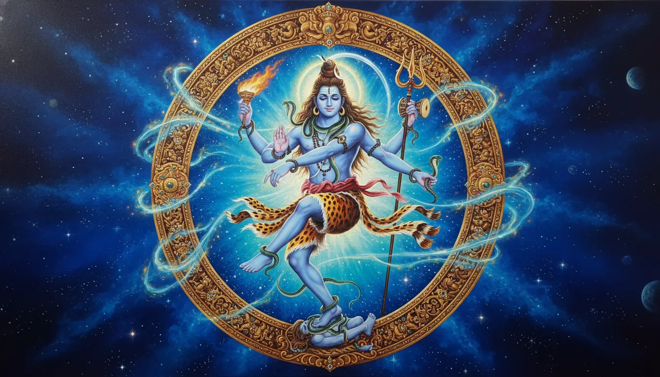 Blue-skinned Lord Shiva performing the cosmic dance inside a fiery circular halo with one foot over a figure below.