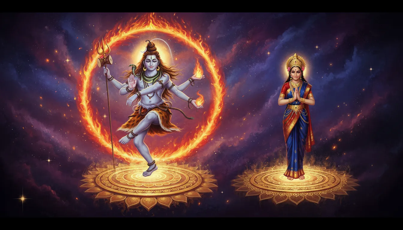 Lord Shiva performing a cosmic dance beside Goddess Shakti within a ring of flames.